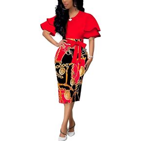 BOGURST Women Wave Short Sleeve Pencil Dress Fashion A-Line Bodycon Church Dresses