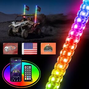 2pcs 6ft مصابيح سوط لـ UTV ATV بطول DIY ، Trably Whip Whip Light W/Rocker Switch و 6 أعلام ، مطاردة حلزونية سوط مضاء مع التطبيق والتحكم عن بُعد لـ RZR SXS Can-Am