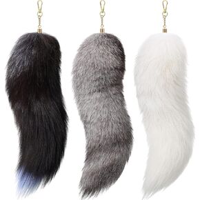 Sureio 3 Pcs Huge Fluffy Fur Fox Tail Keychain Faux Wolf Tail Cosplay Handbag Accessory Helloween Costume for Women Adult (Grey,white,black)