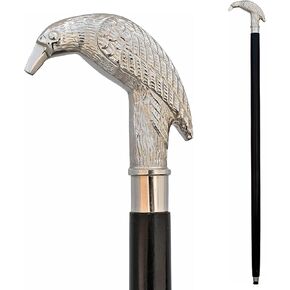 Handcrafted Vintage Cane Edgar Allen Poe's Mystic Raven Gothic Walking Stick Swagger Cane, 37 Inch, Silver Brass Handle Black Sheesham Hardwood Unisex Gift (Nickel, Raven)