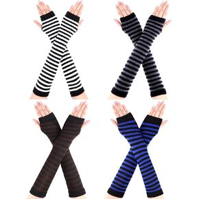 4 Pairs Women's Knit Arm Warmers - Long Fingerless Gloves, Elbow Length, Thumb Hole - Winter (Black, Grey, Blue, Coffee)