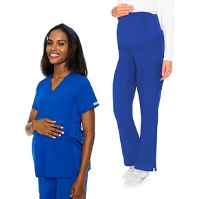 Med Couture Women's Maternity Scrub Set 5 Pockets V-Neck Top with Hemline MC628 Waist Panel for Belly Coverage Pant MC028, Royal - M Top/M Pant
