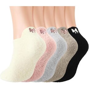 5 Pair Women Fuzzy Slipper Socks with Bow Coquette Stuff Preppy Cute Cozy Fluffy Ankle Socks Gifts for Women Girls