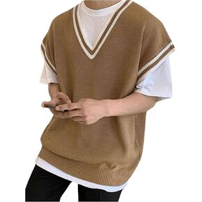 OYOANGLE Men's Big and Tall V Neck Sleeveless Sweater Vests Striped Trim Knitted Casual Preppy Tank Tops