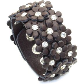 Punk Rock Crystal Flower Pattern Wide Pu Leather Adjustable Cuff Bracelet