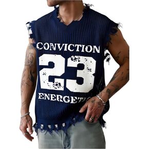 Verdusa Men's Graphic Letter Print Ripped Sweater Vest Sleeveless Summer Knit Tops