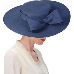 Wide Brim Hats for Women Big Bowknot Formal Occasion Kentucky Cap Lady Wedding Cocktail Party Flat Top Fedoras RoyalBlue
