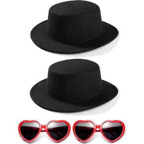 2 Pack Black Fedora Hats Red Heart Sunglasses Costume for Kids, Fashion Flat Wide Brim Round Hats