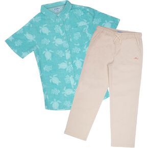 Tommy Bahama Boys Classic Woven Button-Down Hawaiian Shirt & Elastic Waist Pants Set - Casual 2-Piece Summer Outfit for Kids