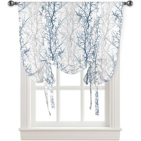 Tie Up Curtains Window Shades, Navy Blue Grey Tree Branch Rod Pocket Tie Up Window Shade, Adjustable Balloon Curtain Shade for Blinds Kitchen Bathroom, 1 Panel, 34"x45"
