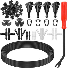 52 In 1 Windshield Washer Nozzles Replacement Kit, Compatible with Chrysler Dodge Ram (157 Inch Fluid Hose, 4 Sprayer Nozzles, 12 Connectors, 30 Hood Insulation Retainers)