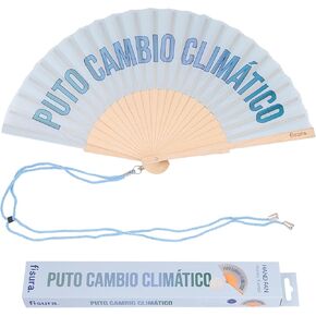 Fisura – Original Folding Fan with Message “p*to cambio climático | Wooden hand fan folding for women |Blue Design with Hanger for wedding, rave, festival | Size: 42.5 x 23 cm