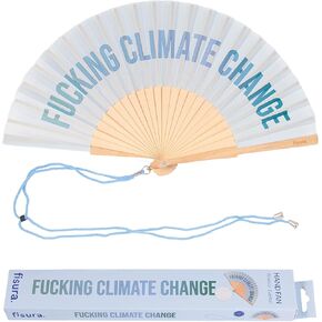 Fisura – Original Folding Fan F*cking climate change, Wooden Hand Fans for Women foldable - Blue Design for Raves, Festivals, Weedings - Hanger included, Size: 16.7 x 9 inches