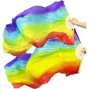 Belly Dance Faux Silk Veil Fans,1 Pair(Left+Right) Women Faux Real Silk Belly Dance Fan Veil,Long Bamboo Fans Veils Silk Fans for Danceing Performances,Handheld Folding Fan Length 150cm Width 80cm