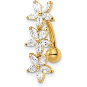 JewelryWeb 14k Gold CZ Simulated Diamond 3 Flowers Dangle Belly Ring 26.96x8.69mm Wide Body Piercing-Ring for Women
