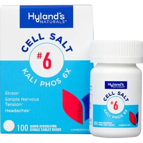 Hyland's No. 6 Salt Salt Kali Phos 6x أقراص ، تخفيف الصداع ، والتوتر العصبي البسيط ، أقراص إذابة سريعة ، 100 عدد