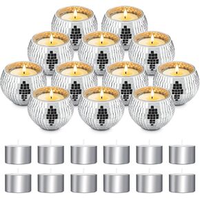 Luditek Disco Ball Coldle Absolers ، 12 PCS Mirror Silver Decor لعيد ميلاد عيد ميلاد الزفاف Nye Party Decortings ، Glass Poitive with tealights for Home Table Centerse ، Gifts for Women