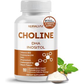 الكولين مع DHA ، إينوسيتول ، فيتامين B12 ، أنزيم Q10 ، NAC ، المغنيسيوم ، Ashwagandha - يدعم صحة الدماغ ، ويعزز صحة الكبد - المصنوع في الولايات المتحدة الأمريكية