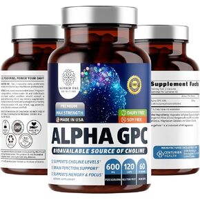 Number One Nutrition Premium Alpha GPC Choline Capsules 600mg, Natural Brain Supplement to Support Focus, Memory, Clarity and Energy, 120 Veg Caps