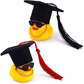 BOXOB 2pcs Graduation Duck Car Ornament, Funny Rubber Ducks Car Dashboard Decor with Mini Grad Tassel Hat Necklace Sunglasses Toy Gifts for Auto Decoration