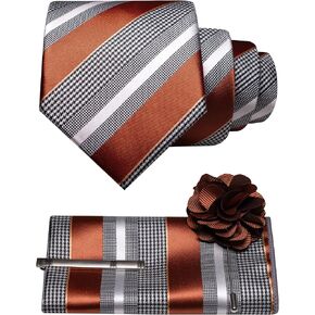 Mens Striped Tie and Lapel Pin Necktie Pocket Square and Tie Clip Sets for Business Casual 4PCS