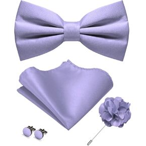 Solid Color Pre-tied Bow Tie and Pocket Square Cufflinks Lapel Pin Sets for Men 4PCS