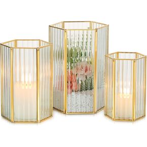 Gold Hurricane Candle Holders: Set of 3 Glass Candle Holder for Pillar Candles Lanterns Decorative Indoor for Wedding Table Centerpieces