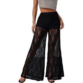 OYOANGLE Women's Lace Sheer Elastic Waist Wide Leg Pants See Through Long Trousers Party Clubwear
