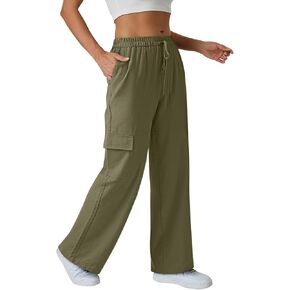 NIMIN Womens Cargo Casual Pants Lightweight Cotton Wide Leg High Waist Drawstring Beach Pants with Pockets