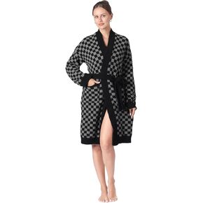 bearberry Checkerboard Robe Cozy Lightweight Soft Plush Robe Hoodless Sleepwear Nightgown with Pockets for Women