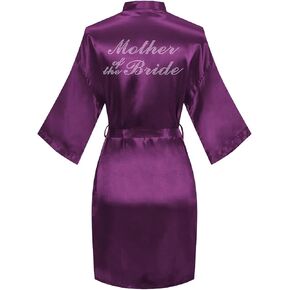 Women's Satin Robe Bride Bridesmaid Short Kimono Robes with Silver Rhinestones for Wedding Party Getting Ready