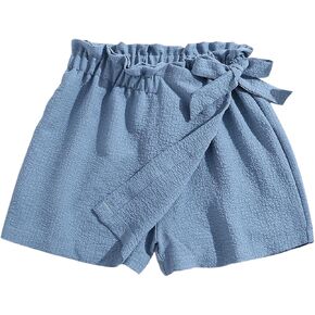 Hilinker Girl's Cute Ruffle Paper Bag Shorts Casual Bows Tie Front Wide Leg Linen Skorts