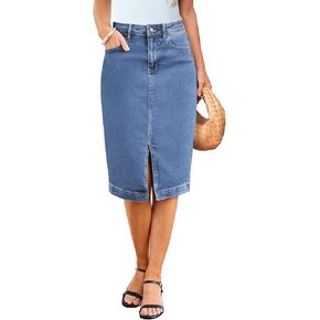 luvamia Jean Skirts for Women Denim Trendy Summer Casual Stretchy High Waisted Midi Below Knee Pencil Skirt with Slit