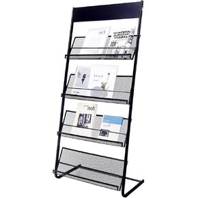 رف مجلة Floor Standing Magazine ، عجلات مع قفل 4 طبقات Display Rack لغرفة انتظار Office Office للتسوق وأماكن أخرى （Black