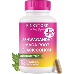 Pink Stork Ashwagandha, Maca Root, and Black Cohosh - Hormone Balance for Women - 9 Clinically-Studied Herbs for Perimenopause and Menopause - Hot Flashes, Mood Swings, Energy, 60 Capsules