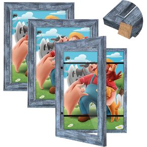 Kids Artwork Frames Changeable, [3Pack] [Solid Wood] Kids Art Frame, 9x12" Front Opening Artwork Display Storage Frame for Wall, Holds 150Pcs, for 3D Art, Crafts, Children Drawings, Hanging Art, Blue