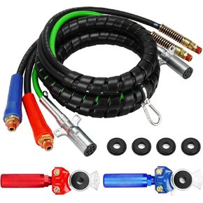 15ft 3 in 1 Trailer Air Line Hose Wrap Assembly with Gladhands and Handle 7 Way Electrical Cable ABS & Power Air Line for Semi Truck Trailer Tractor
