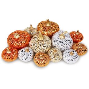 FORUP 12 Pcs Thanksgiving Pumpkin Set, Soft Stuffed Artificial Fall Pumpkin Decoration, Assorted Harvest Sparkly Pumpkins for Farmhouse Fall Halloween Autumn Thanksgiving Harvest Home Decorations