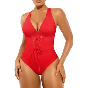 SHAPELLX Women One Piece Swimsuits Tummy Control Bathing Suits Push Up Slimming Swimwear with Built-in Bra V Neck