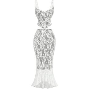 SOLY HUX Women's Floral Lace Skirt Set 2 Piece Sleeveless Top and Bodycon Fishtail Skirts Summer Coquette Outfits