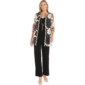 Elegant 3-Piece Sequin Soutache Cardigan Pantsuit Set W/Necklace - Includes Tank Top & Wide Leg Pull-On Pants