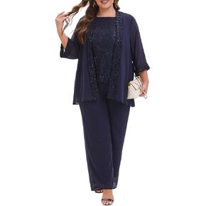 Elegant Plus Size 3 Piece Mother of The Bride Pant Suits with Laces for Formal Wedding Guest Outfit