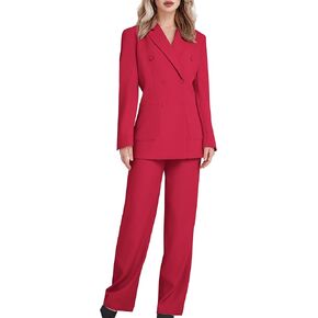 Women's 2 Piece Double Breasted Blazer and Wide Leg Pants Pocket Business Casual Office Suit