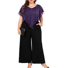 ZOMVA Plus Size Womens Pant Suit Sparkly Mesh V Neck Wide Leg Mother of The Bride Pant Suits with Pockets Evening Party