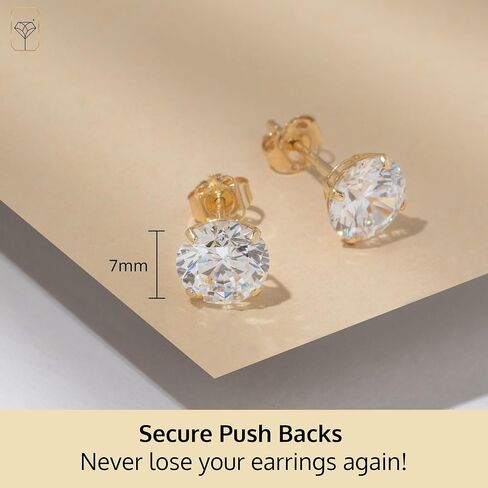 14k Gold Solitaire Round Cubic Zirconia Earrings Studs for Women & Men | Anti Tarnishing CZ Stud Earrings with 14k Gold Butterfly Pushbacks | 4MM-7.5MM by MAX + STONE in Saudi Arabia