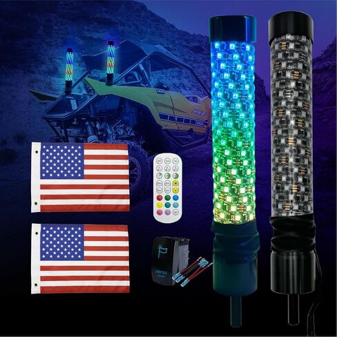 2 Pack 3ft Fat Whip Lights with Spring Base, App & Remote Control, Rocker Switch, LED ATV Light Stick Fat Whip Lights for UTV Brighter Spiral RGB Chasing Lighted Antenna Whips for Can-Am SXS Truck RZR in Kuwait