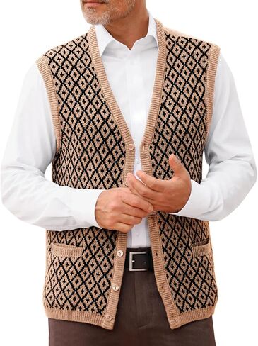 Runcati Mens Sleeveless Sweater Vest V Neck Button Down Cardigan Sweaters Knitted Argyle Vest with Pocket in Saudi Arabia
