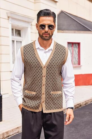 Runcati Mens Sleeveless Sweater Vest V Neck Button Down Cardigan Sweaters Knitted Argyle Vest with Pocket in Saudi Arabia