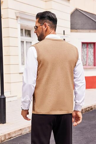Runcati Mens Sleeveless Sweater Vest V Neck Button Down Cardigan Sweaters Knitted Argyle Vest with Pocket in Saudi Arabia