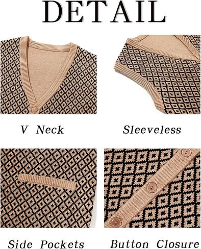 Runcati Mens Sleeveless Sweater Vest V Neck Button Down Cardigan Sweaters Knitted Argyle Vest with Pocket in Saudi Arabia